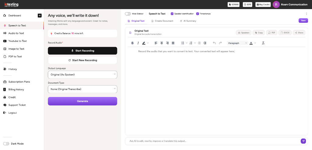 Speech-to-Text AI Dictation Studio — Intexting.com