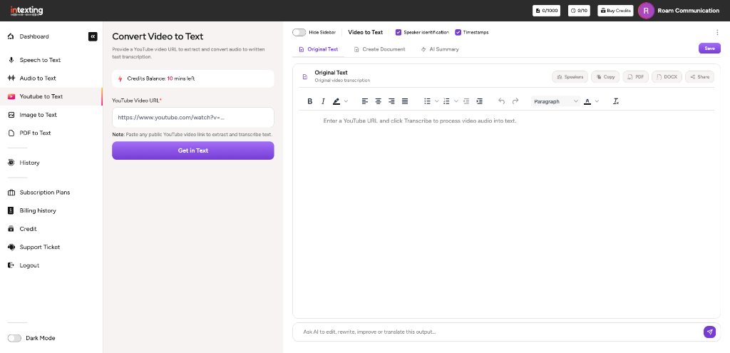 Video & YouTube Stream Transcription Engine — Intexting.com
