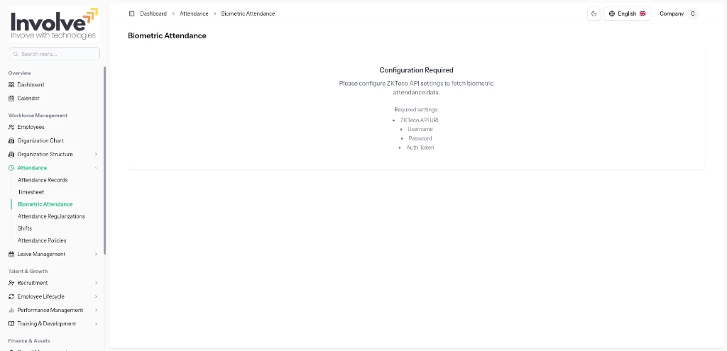 Biometric Attendance & Shift System Interface