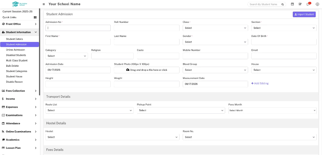 Online Admissions & Student Information Master Interface